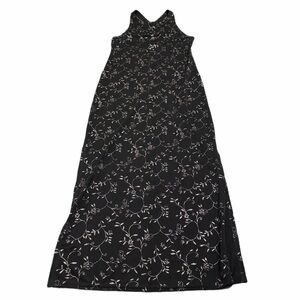 90s American Vintage Jalate Silver Glitter Floral Vine Print Maxi Dress (Black)S
